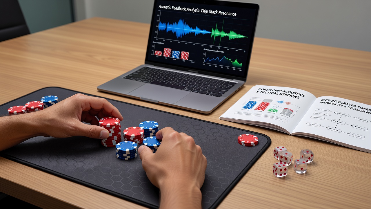 Close-up view of poker chips being stacked on a textured gaming mat with visible surface patterns