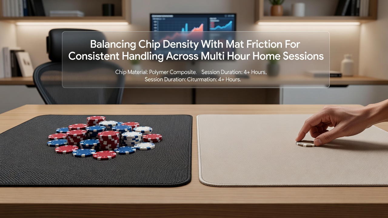 Poker table setup displaying multiple chip stacks on a friction-optimized mat during a long home session