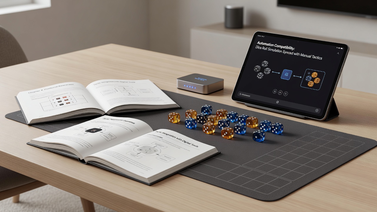Layout showing strategy manuals positioned beside dice sets on a textured mat with an automation device ready for use in a residential poker setup