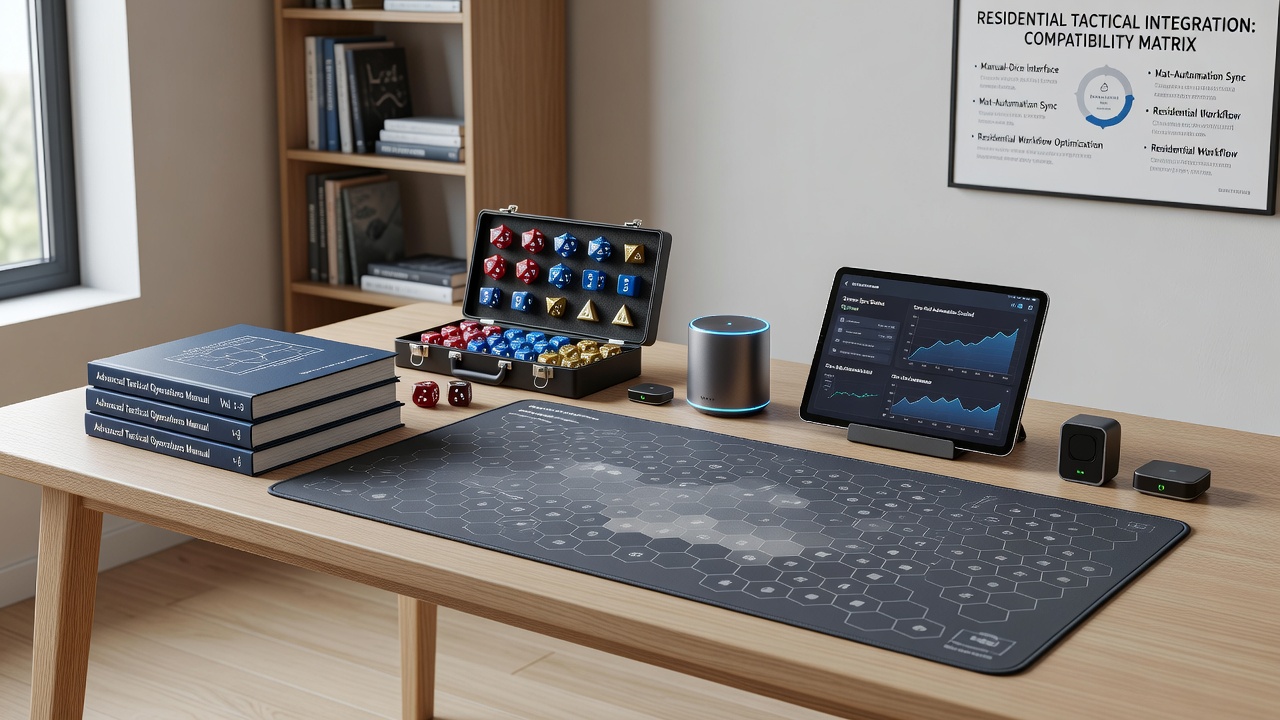 Close-up view of an automation device operating next to arranged dice and open manuals on a compatible residential poker mat