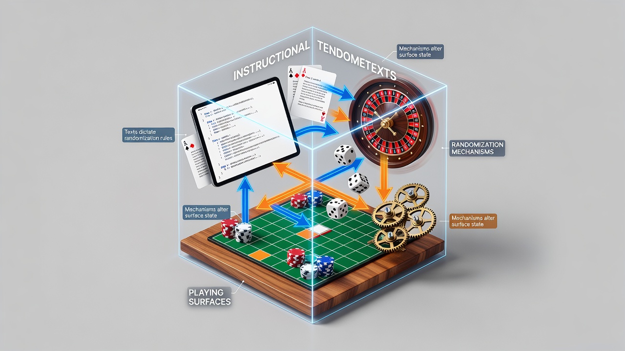 Poker table setup showing instructional guide positioned near dice set and automated shuffler on a durable playing mat