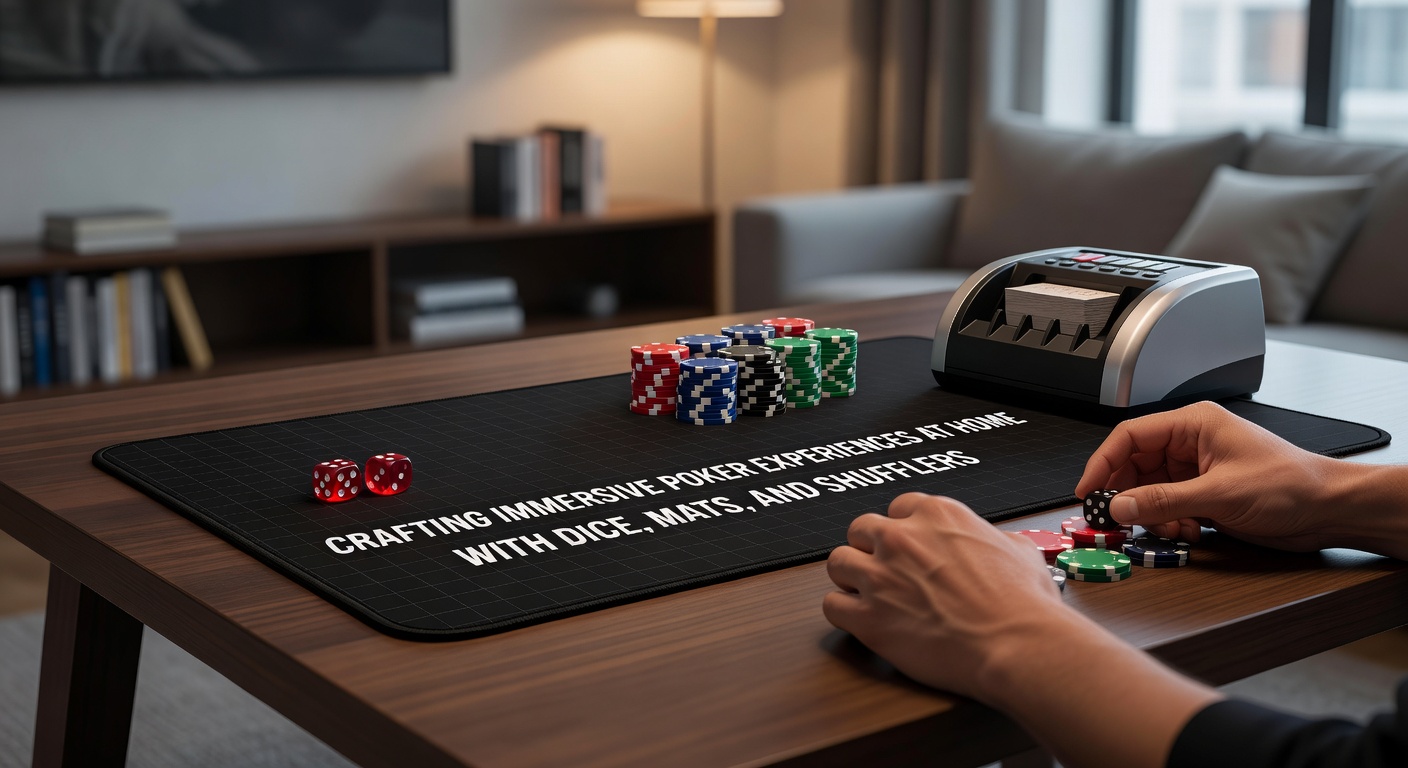 A home poker setup featuring a green felt mat, scattered dice, and a sleek card shuffler beside stacks of chips, evoking a casino atmosphere.