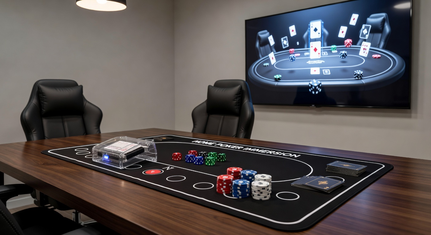 Close-up of dice rolling across a poker mat next to a shuffling machine and dealt cards, highlighting the blend of chance games in a home casino setup.
