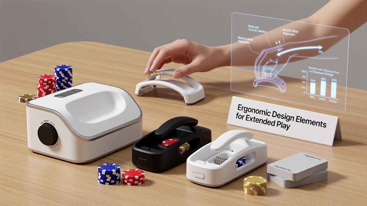 Ergonomic card manipulation tools including shufflers and holders with padded surfaces designed for sustained use in recreational environments