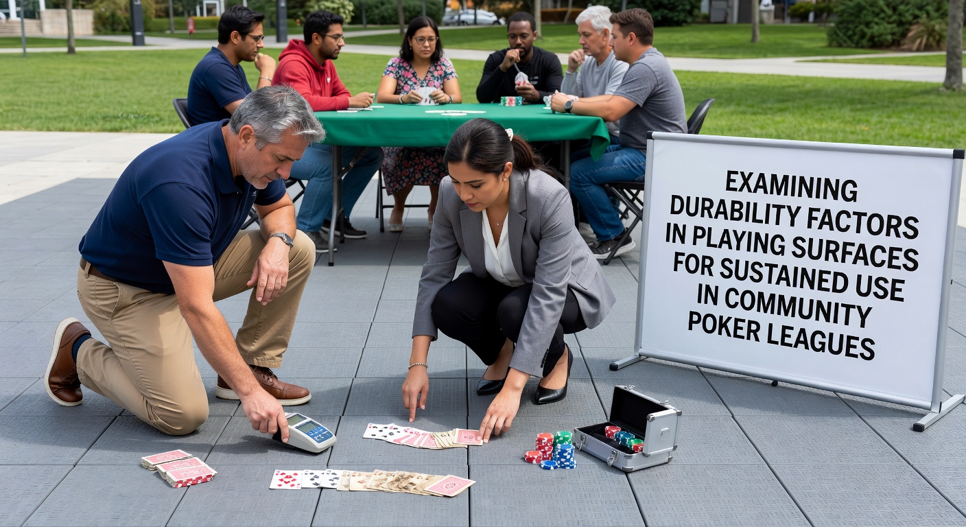 Community poker league table with durable playing surface during active tournament play