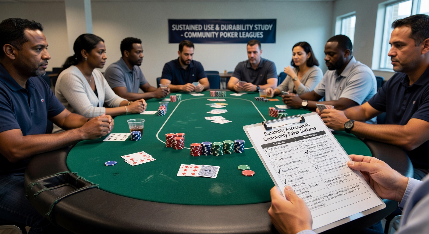 Detailed view of reinforced poker table felt material used in league settings