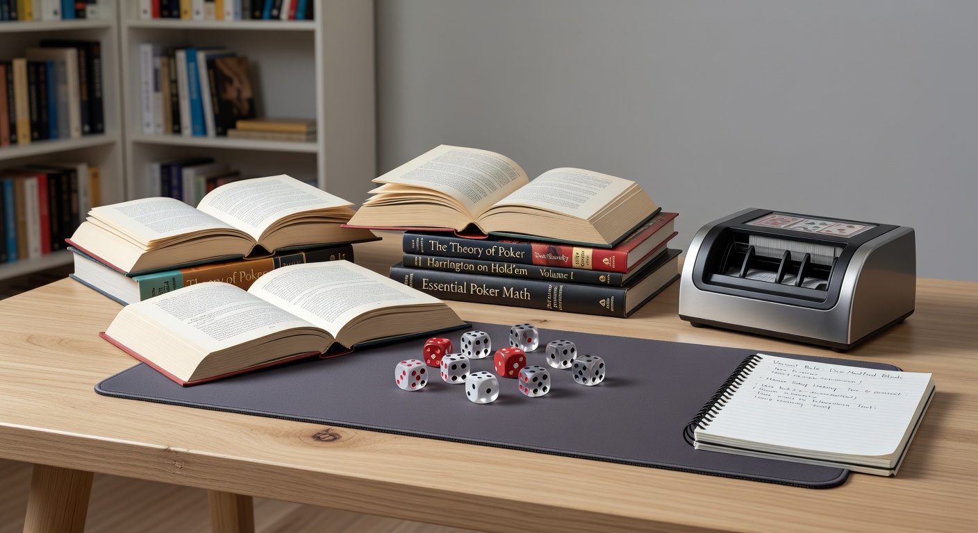Poker dice sets placed alongside open strategy books on a felt gaming mat next to an automatic card shuffler in a home setup