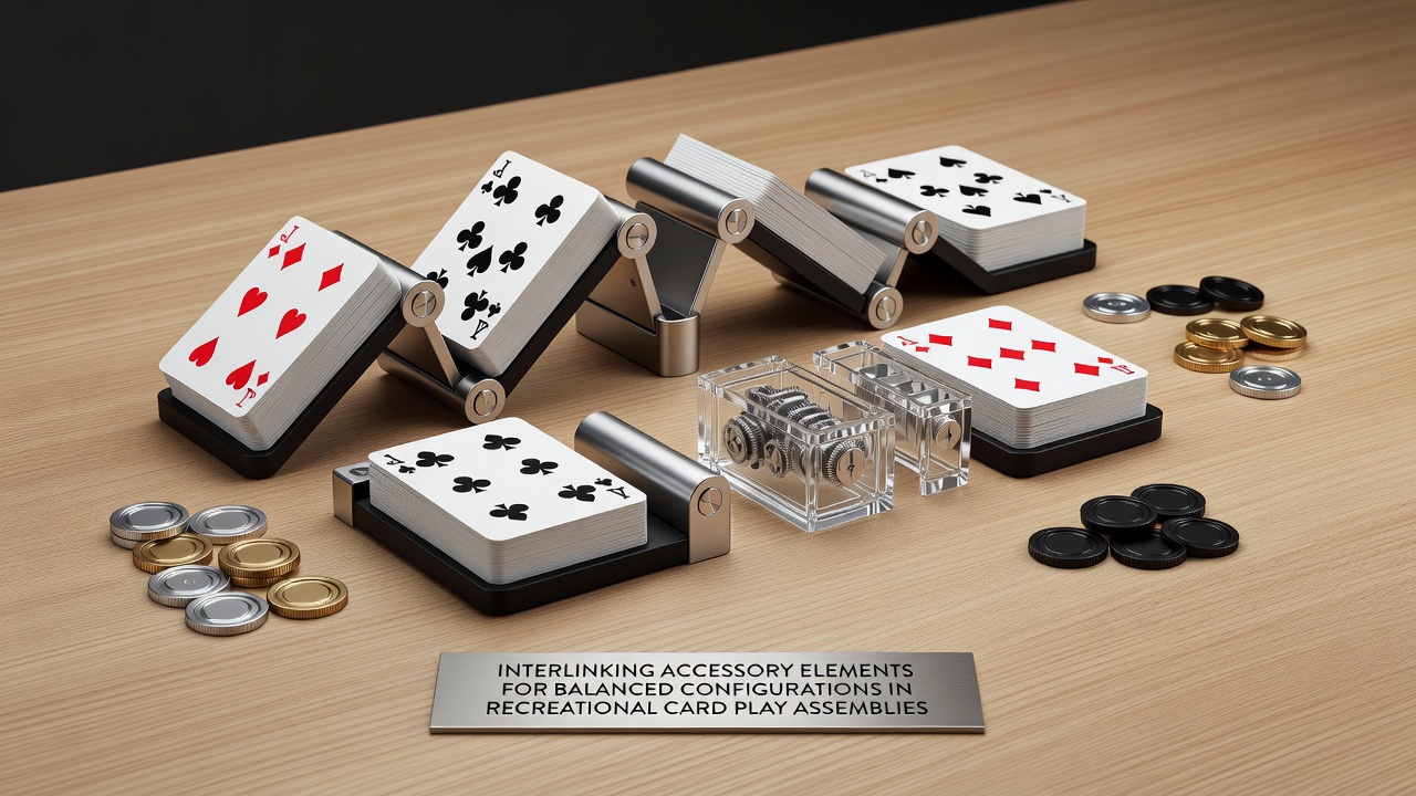 Balanced arrangement of card play accessories including mats, chips, and shufflers on a recreational table