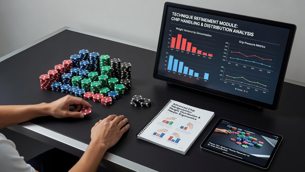 Close-up of poker table configurations with instructional materials and weighted chips in use