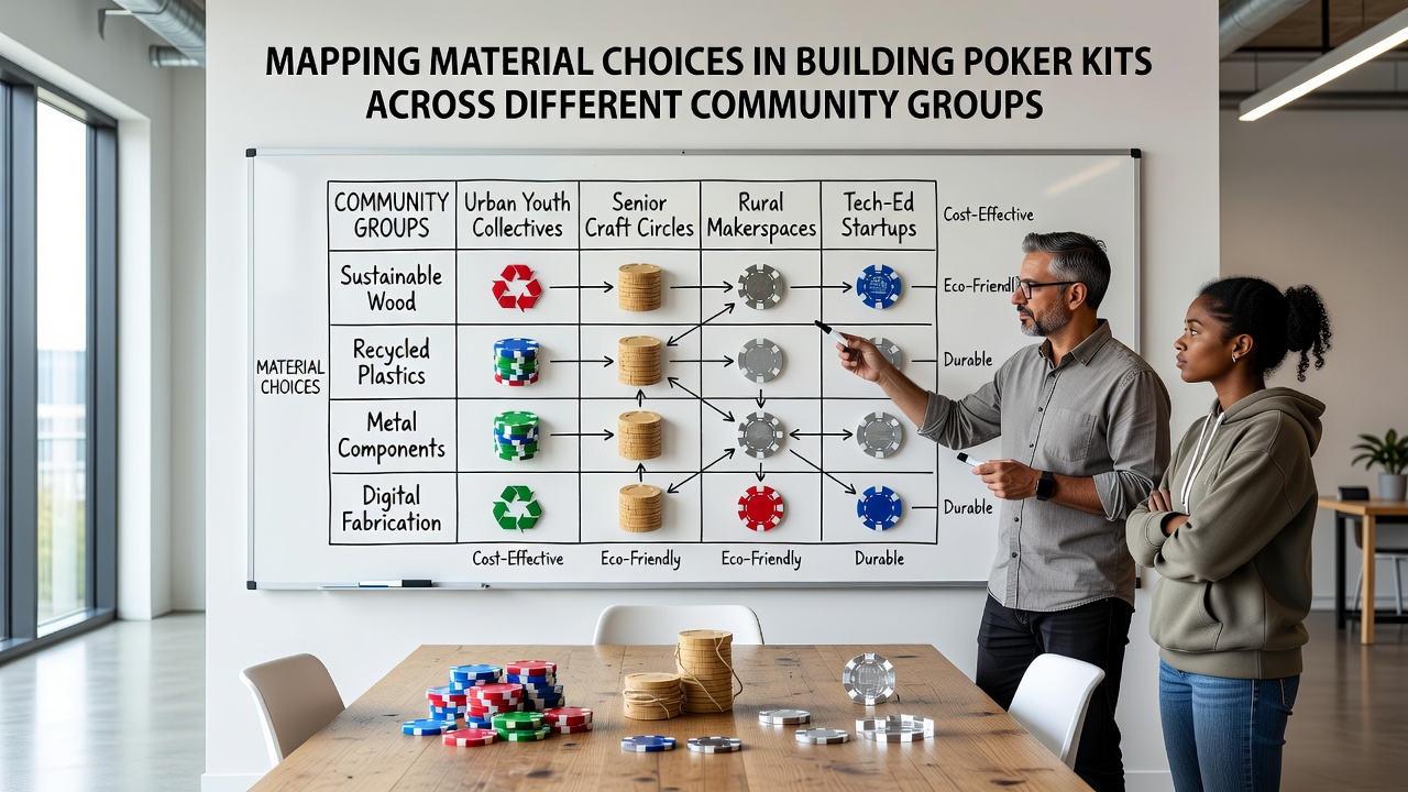 Various poker kit components including chips, mats, and cards laid out for community group selection