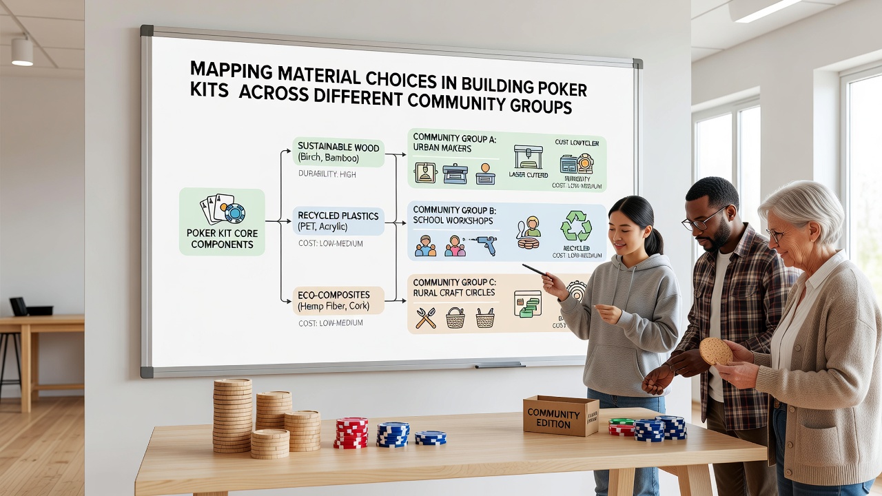 Community members comparing poker table felt samples and chip materials during a kit building session
