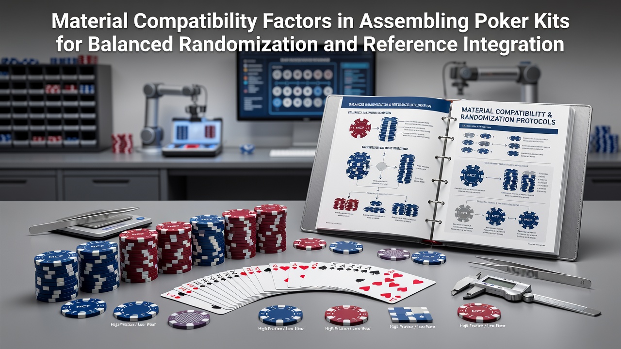 Close-up view of poker kit components including textured mats, weighted chips, and automated shuffler units arranged for compatibility testing