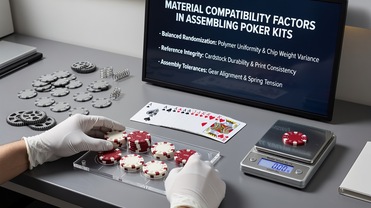 Poker kit layout demonstrating integrated shuffler, mat surface, dice set, and reference guide holder in a single assembly