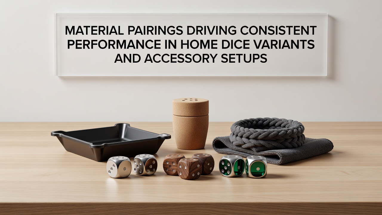 Close-up view of various dice materials including resin, metal, and plastic paired with textured mats and trays for home game setups