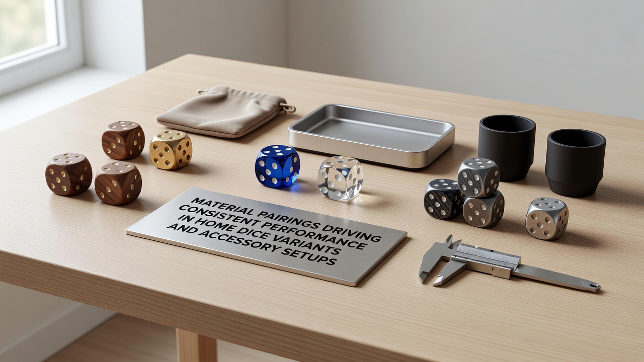 Home dice gaming setup showing metal and resin dice on coordinated mats with accessory trays demonstrating material compatibility
