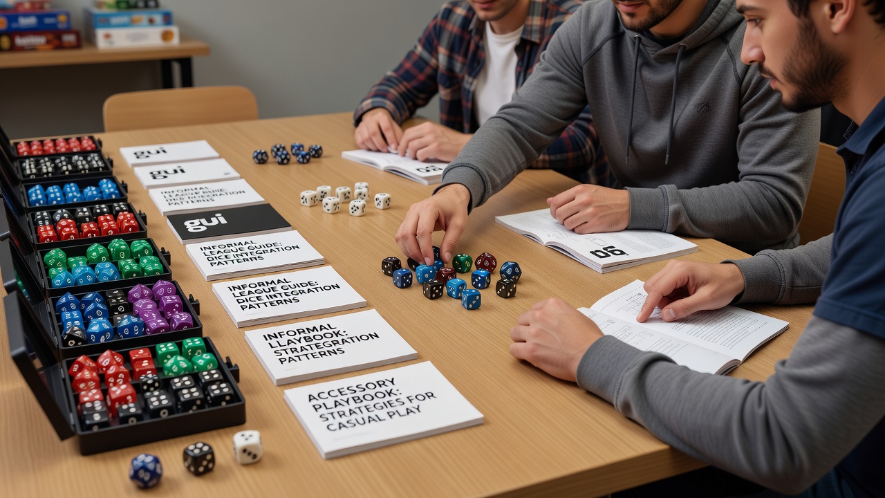 Close-up view of dice sets placed beside instructional guides and an automated card shuffler during league play