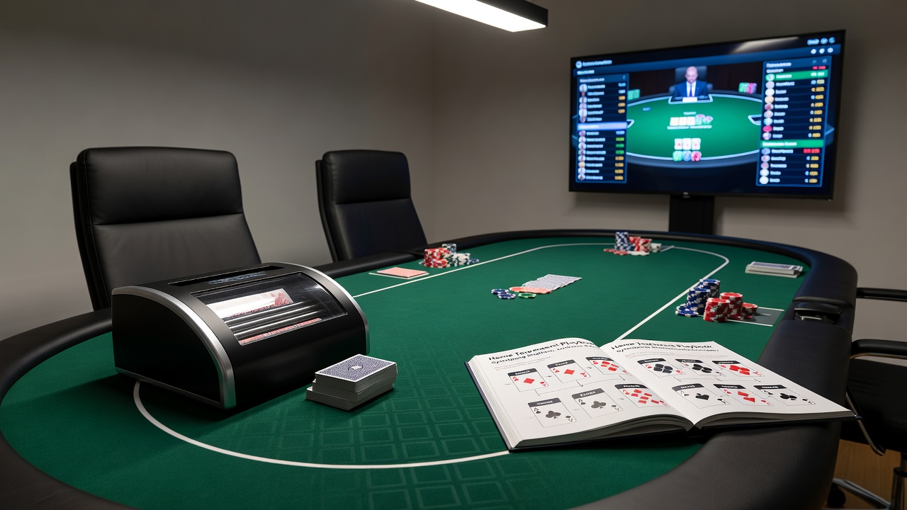 Automated card shuffler positioned on a felt poker playing surface alongside an open instructional guide for home tournament setup
