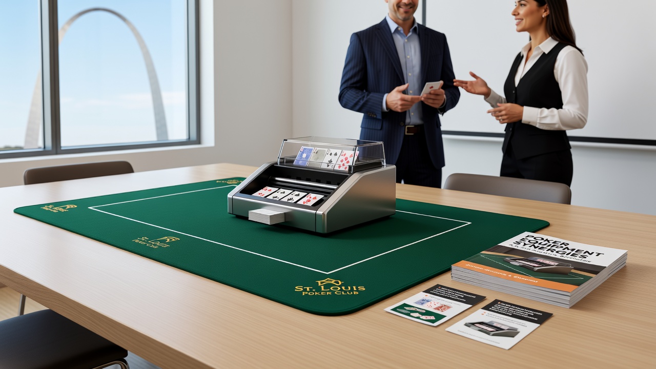 Home poker tournament table featuring integrated shuffler, felt surface, and reference guide during active play