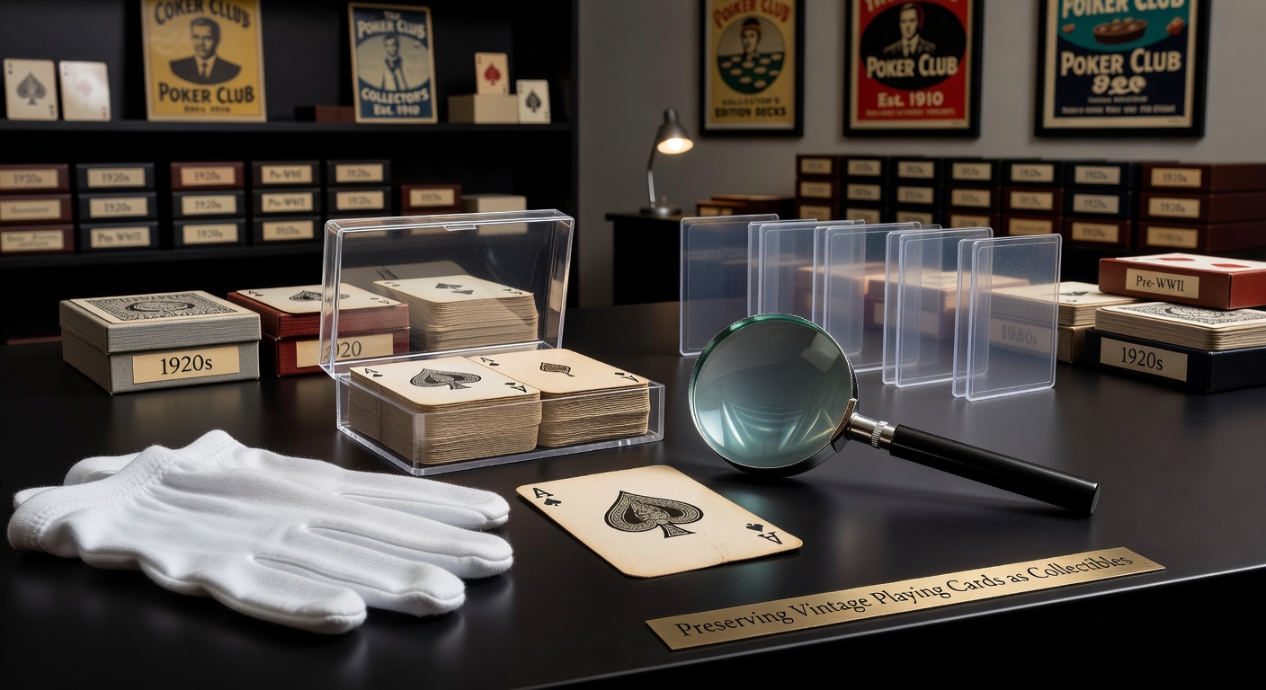 Vintage playing cards arranged on a wooden table with protective sleeves and archival boxes nearby