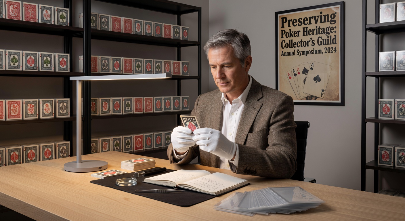 Close-up of preserved vintage playing cards in protective sleeves inside an archival storage case