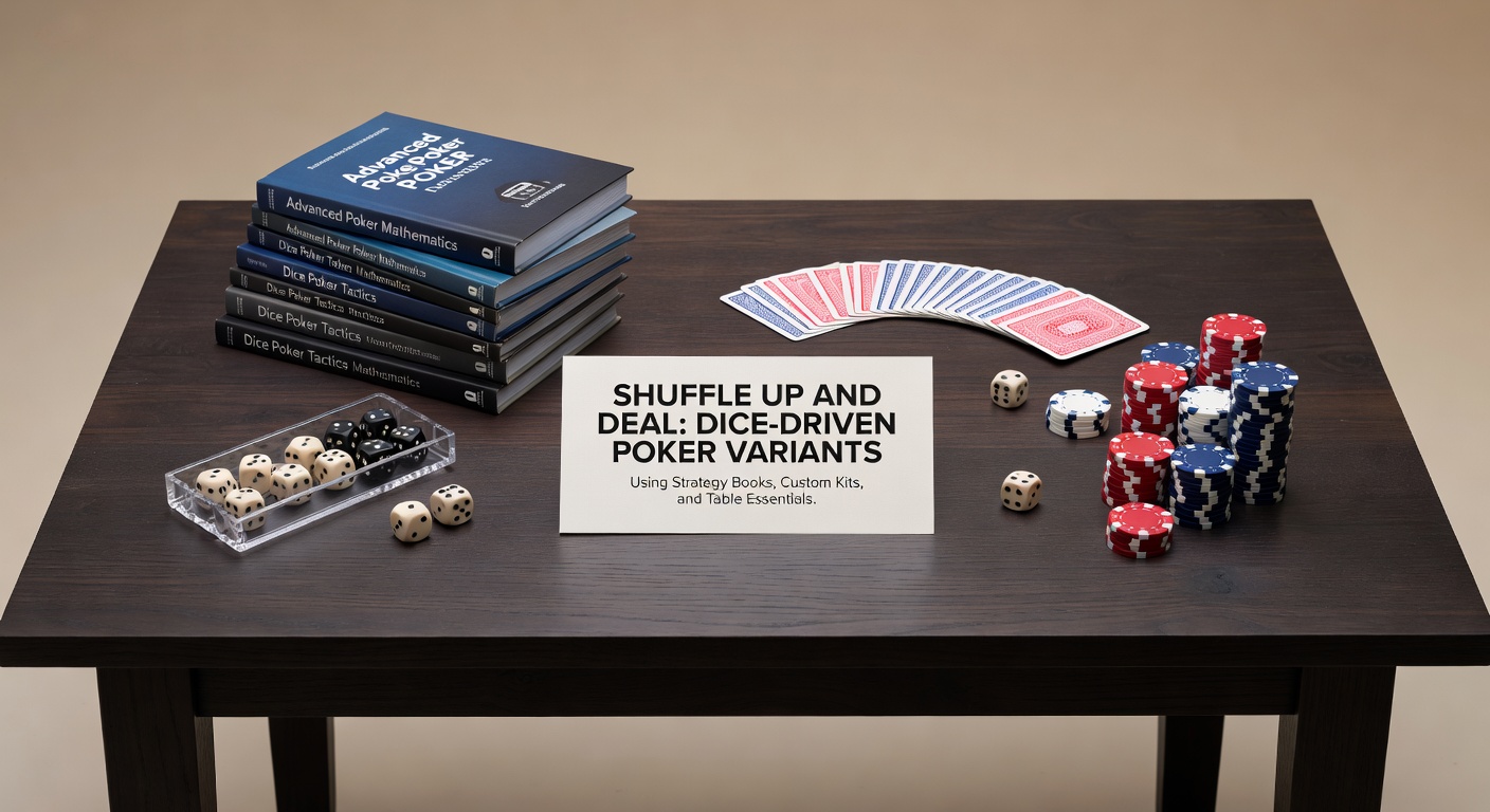 Close-up of poker dice set arranged in a straight flush on a green felt mat, surrounded by strategy book and custom kit components