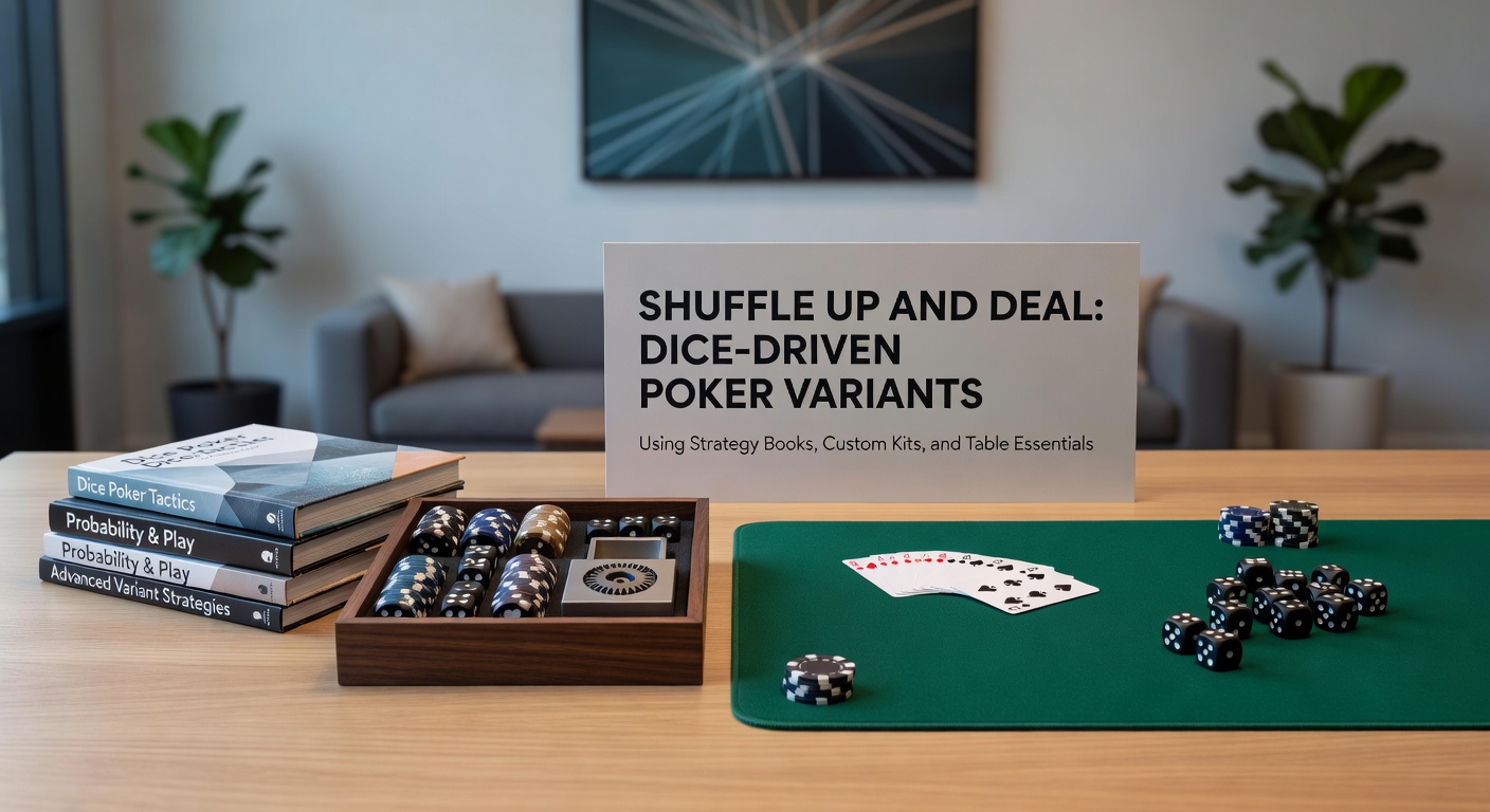 Custom dice poker kit spread open on a table, featuring strategy book, precision dice in multiple colors, score sheets, and velvet-lined dice tray