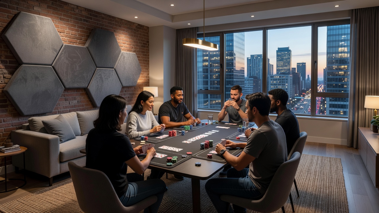 Poker mat laid out on a table in a quiet urban apartment setting with cards and chips arranged for group play