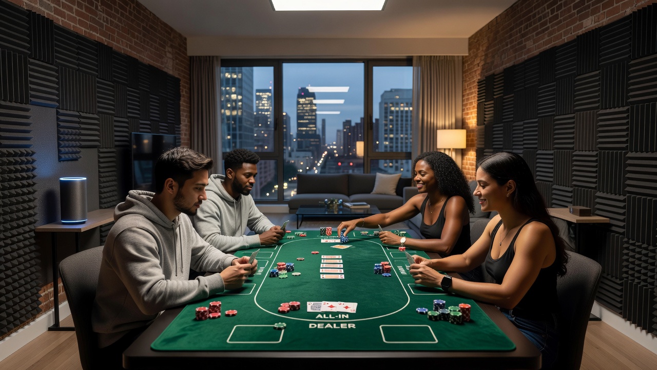 Close-up view of a textured poker mat absorbing chip impacts during an apartment game night with players seated around the table