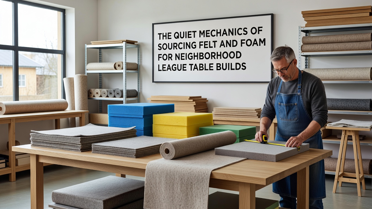 Felt and foam materials laid out for poker table construction in a workshop setting