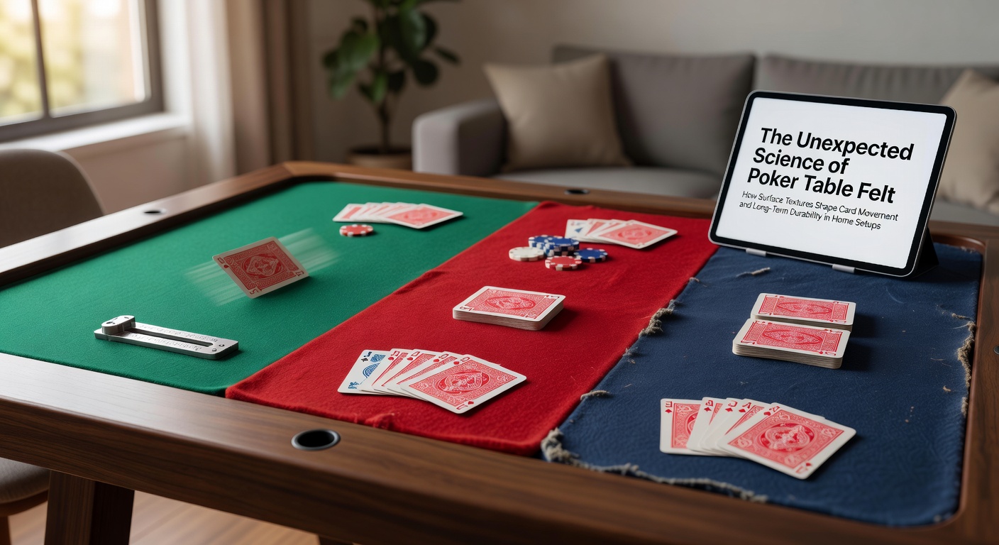 Close-up view of poker table felt texture demonstrating fiber structure and card interaction