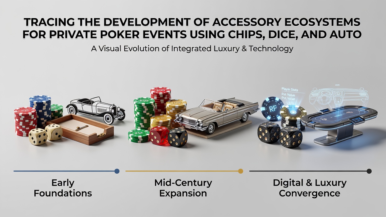 Automated poker shuffler positioned alongside custom dice and stacked chips during a home game setup